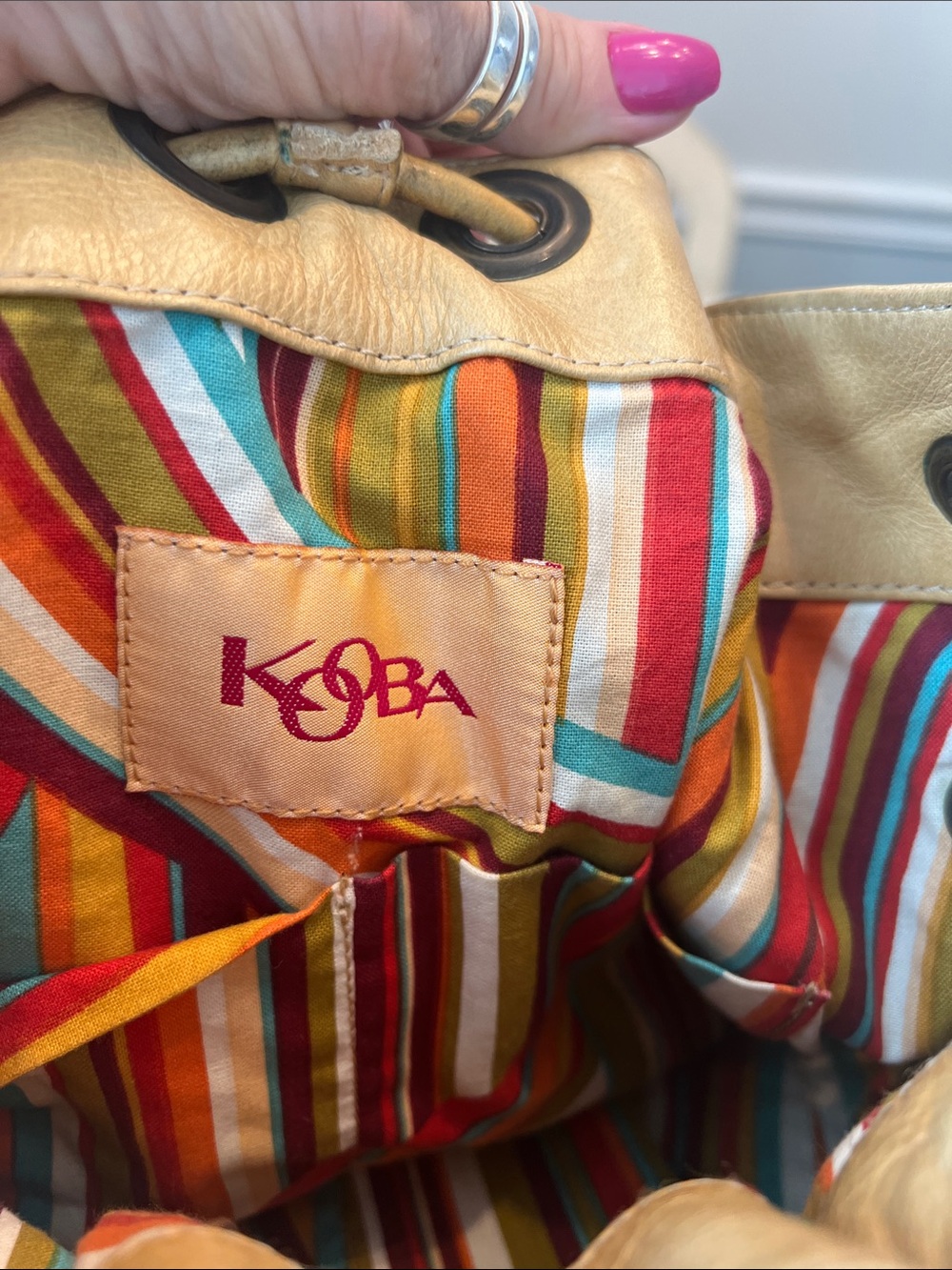 KOOBA 14”wide x 10” hi Multicolor Striped Women’s Bucket Bag with Tan Leather